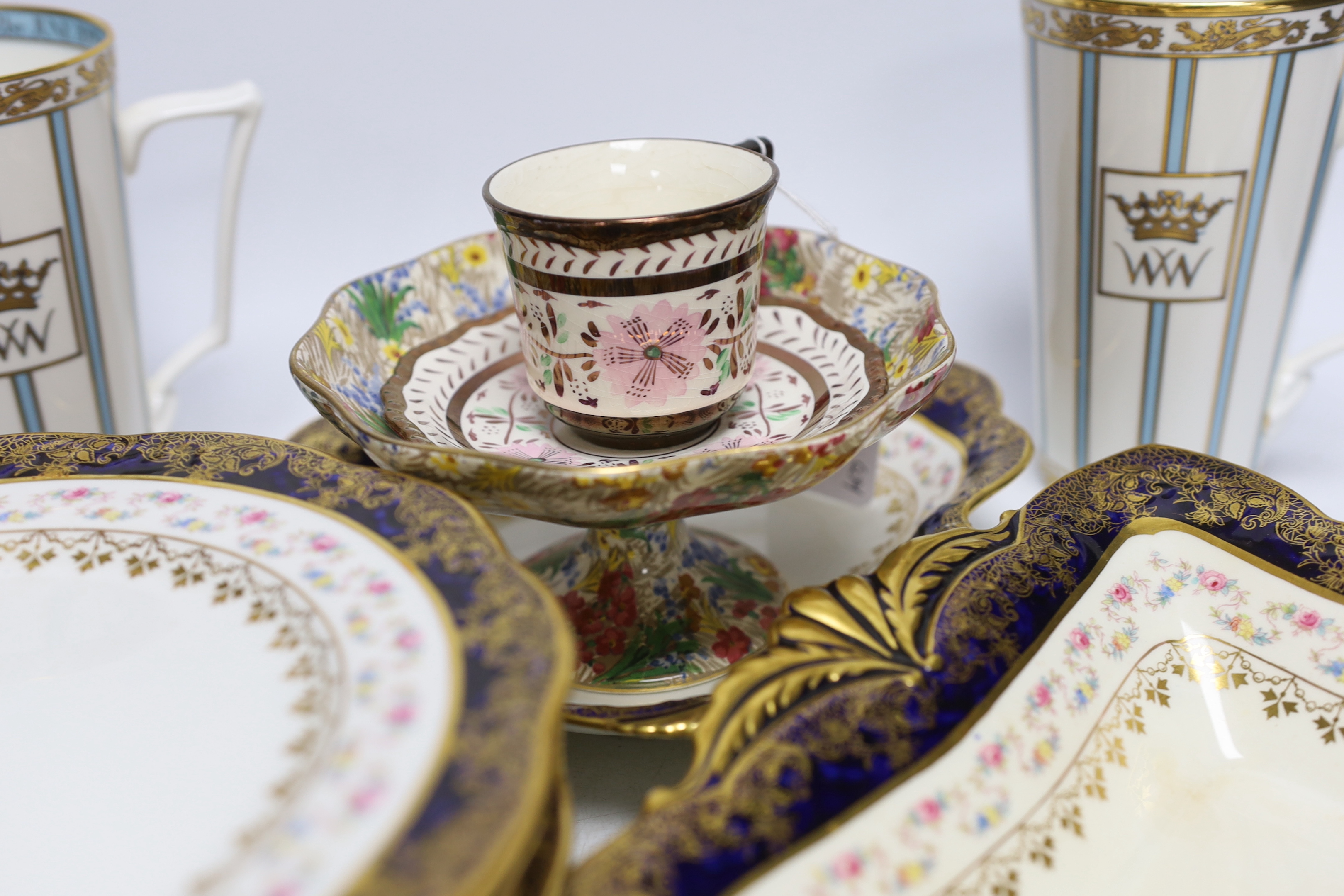 An Aynsleys part dessert service and other tea wares including a pair of commemorative mugs